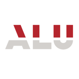 ALU corporate logo with letters in red and gray geometric angular design