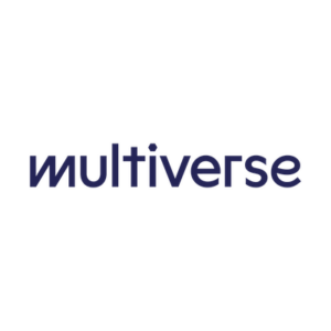 Multiverse company logo in dark blue, stylized text with creative letter arrangement