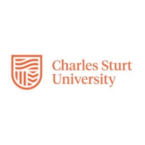 Charles Sturt University logo with orange and white shield design and university name in matching orange text