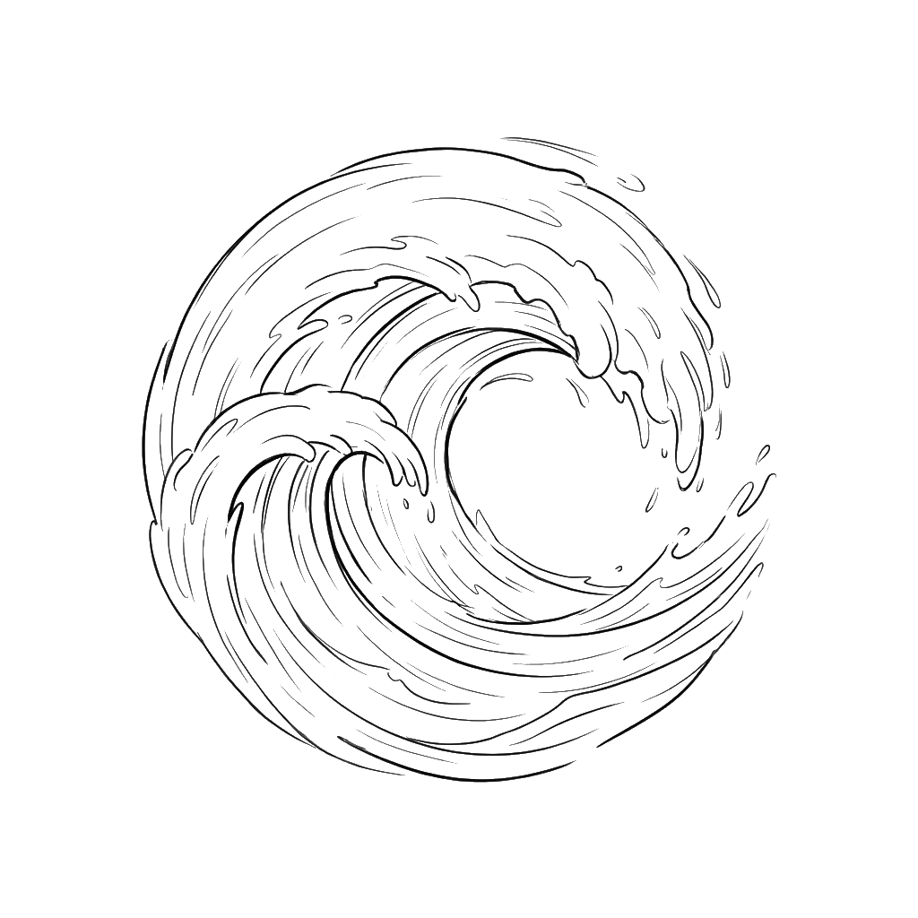 Black and white line drawing of an ocean wave curling into a circular spiral, showing dynamic motion and fluid curves