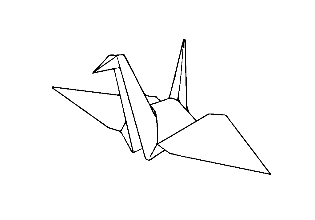 Origami paper crane with folded wings and triangular geometric shape, drawn in black outline